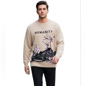 NWT RGSTR "HUMANITY" Cherry Blossom Graphic Knit Sweater - XL